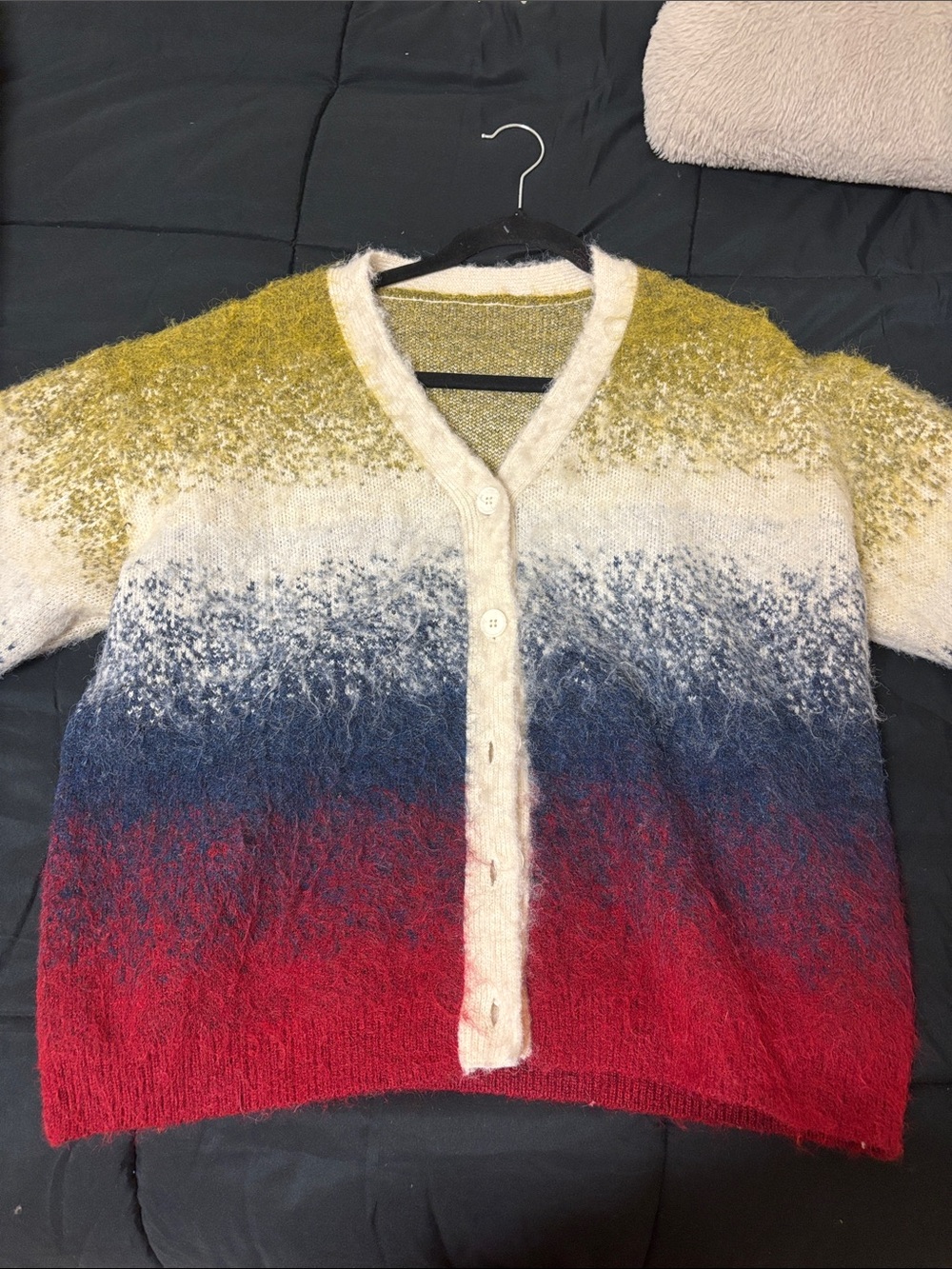 Multicolor Ombre V-Neck Button Sweater - Red, Blue, Cream, Yellow